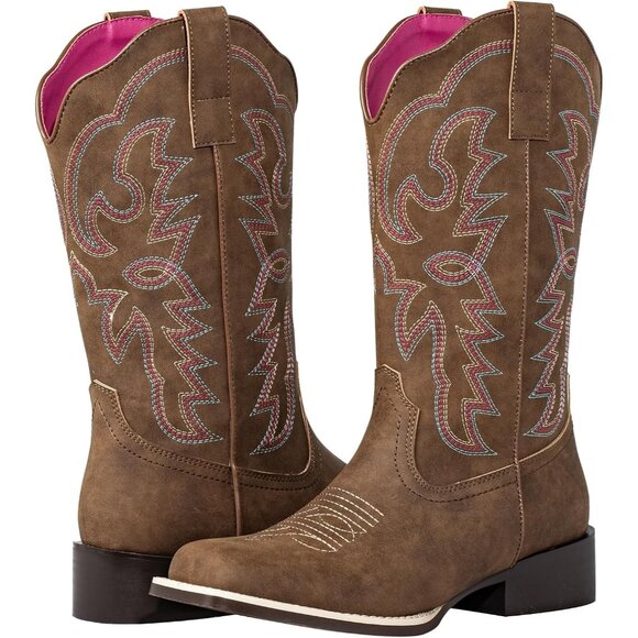 SheSole Western Boots Women's Tan Faux Leather Fashion Square Toe Wide Mid Calf - Picture 2 of 9